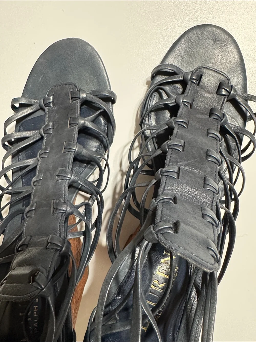 Lauren Ralph Lauren Navy Leather Lace-Up Wedge Sandals with Brown Woven Heel